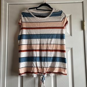 Loft Medium linen tee, red white blue stripe, tie hem